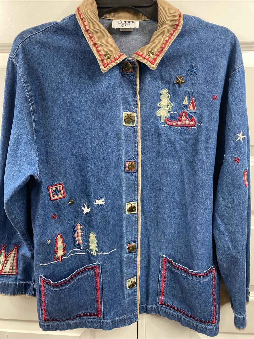 Vintage Denim Embroidered Jacket Camping Button Blue Cottagecore Gorpcore Large - Picture 2 of 10